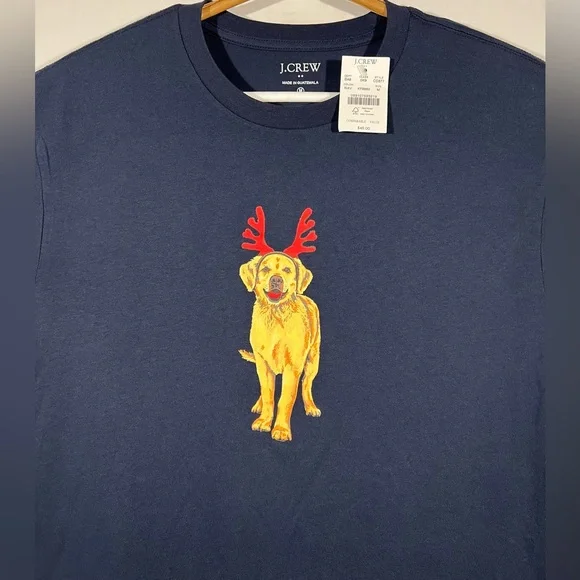 NEW J Crew Christmas T-Shirt Sz Medium Navy Golden Retriever Antlers Graphic Tee - Picture 7 of 12